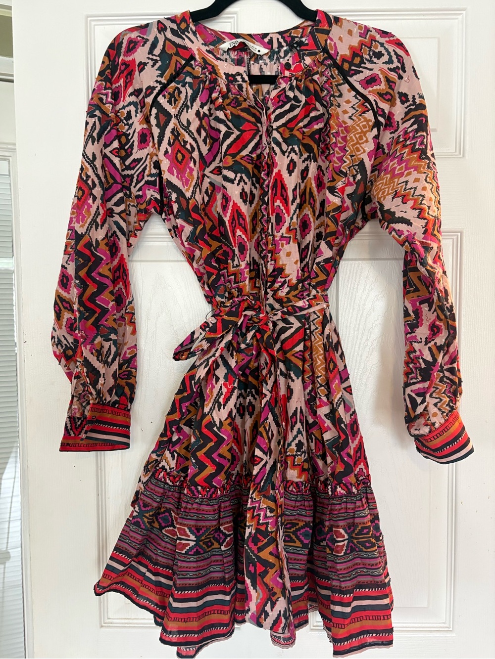 Zara Pink brown Multi-Print Tie-Waist Long Sleeve Short Dress Boho Size Small